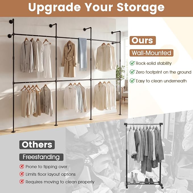 Giantex Industrial Pipe Clothing Rack, 118" Wall Mounted Heavy-Duty Metal Garment Organizer with 6 Hanging Rods, 2-Tier Walk-in Closet System for Wardrobe Closet, Retail Display