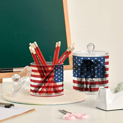 DOMIKING American Usa Flag 2 Pack Bathroom Canisters Cotton Swab Holder Dispenser Plastic Cotton Ball Jar Acrylic Storage Containers for Cotton Ball Cotton Round Pads Cotton Swab