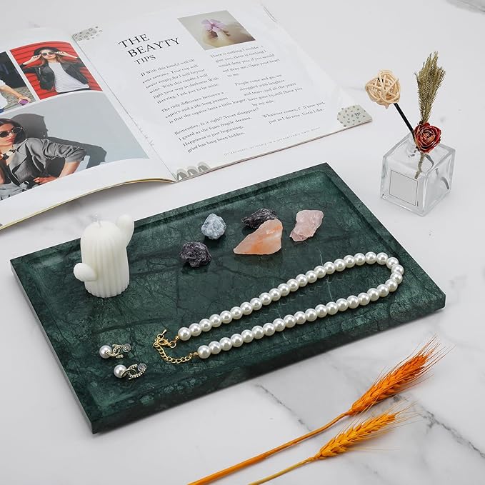 Real Luxurious Natural Marble Tray - 12x8 Inch Marble Vanity Tray for Perfume Display, Jewelry Organizer, Bathroom & Home Decor -Heavy Duty Non-Slip Stone Tray (Non-Resin/Non-Ceramic)（Green）