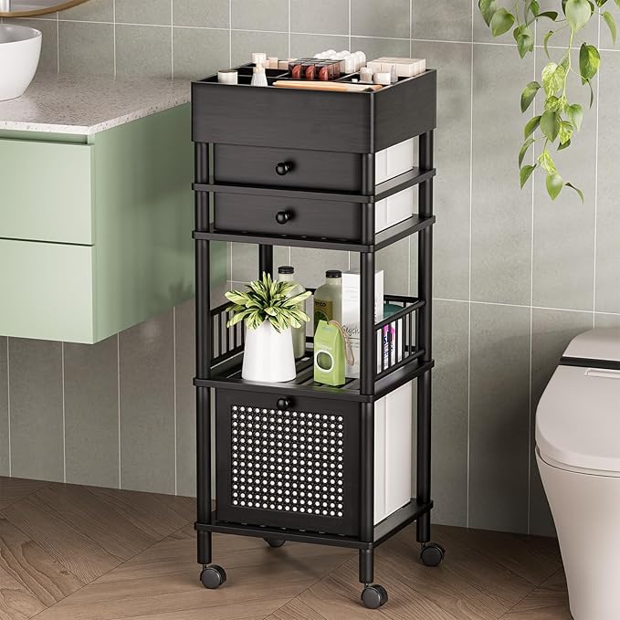 Amazer Bamboo Makeup Organizer Cart with 3 Drawers, Floor Skin Care Storage for Bathroom Bedroom, Rolling Vanity Organizer Cart for Cosmetic, Nail Polish, Perfume and Hair Tools, Black