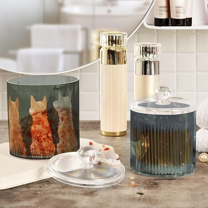 2 Pack Qtip Dispenser Apothecary Jars with Lids Cotton Round Holder Bathroom Canisters for Cotton Swab Floss Ball Pads Clear Plastic Decorative Green Wolves Mountain Forest