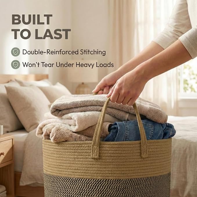 JMvicyroam 115L Extra Large Blanket Basket for Living Room - Woven Cotton Rope Laundry Hamper with Reinforced Handles - Storage Bin for Pillows, Comforters & Toys - Machine Washable,Jute&Black