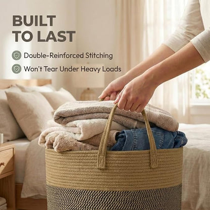 JMvicyroam 65L Extra Large Blanket Basket for Living Room - Woven Cotton Rope Laundry Hamper with Reinforced Handles - Storage Bin for Pillows, Comforters & Toys - Machine Washable,Jute&Black