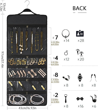 SMRITI Hanging Jewelry Organizer with Dual Zippered Pockets Canvas Double Sided Rotating Hanger Necklace Hanging Wall Organizer Earring Dustproof Holder Wall Mount Accessories Display Bag(Dark Grey)