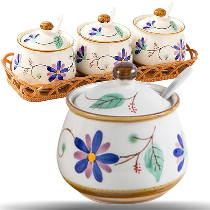 Kitchen Ceramic Condiment Jars with Lids and Spoons, 3 Piece Porcelain Seasoning Jar Set for Salt Spice Pepper Suger Bowl, Coffee Tea Container Pot with Serving Tray - Purple Flower