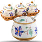 Kitchen Ceramic Condiment Jars with Lids and Spoons, 3 Piece Porcelain Seasoning Jar Set for Salt Spice Pepper Suger Bowl, Coffee Tea Container Pot with Serving Tray - Purple Flower
