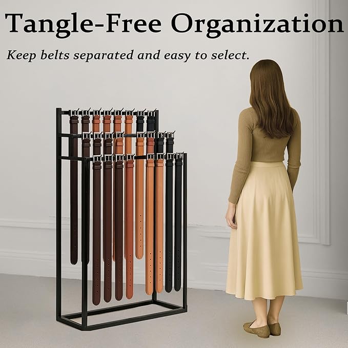 Retail Belt Display Stand,Floor Mounted Belt Hanger, Metal Men Belt Organizer, Commercial Tie Scarf Display Stand for Clothing Retail and Home (Black)