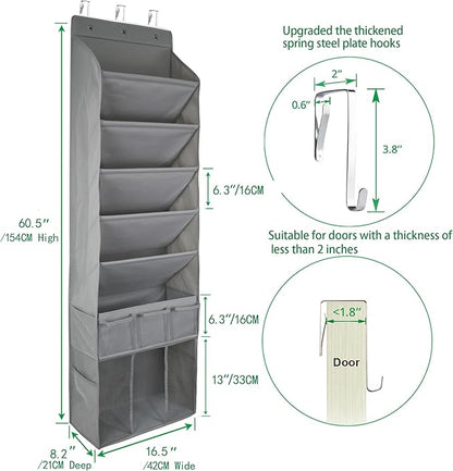 3in1 Over The Door Shoe Organizer with 5 Slanted Compartments,Removable Storage Bin & Transparent Pockets,Thickened Waterproof Oxford Fabric Shoes Rack for Shoes,Boots,Toys,Daily Essentials. (Grey)