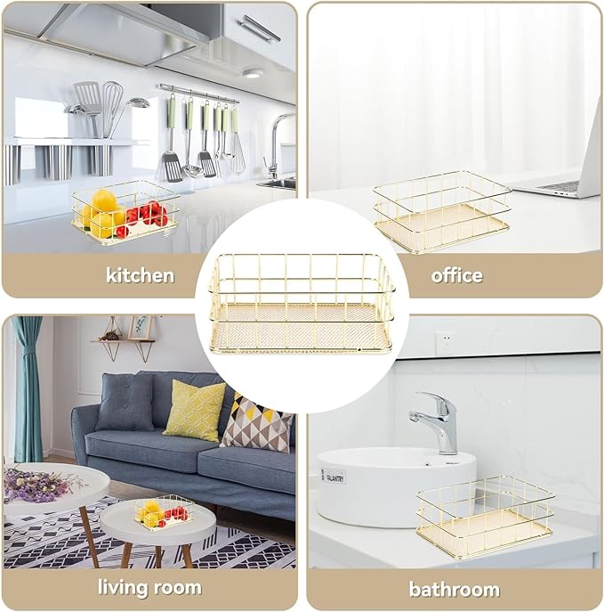 2Pcs Gold Basket Bathroom Organizer Storage Basket for Decor Desktop Exquisite Vanity Dresser Ornament Office Stationery Home(9.65 * 6.5 * 2.75inch)