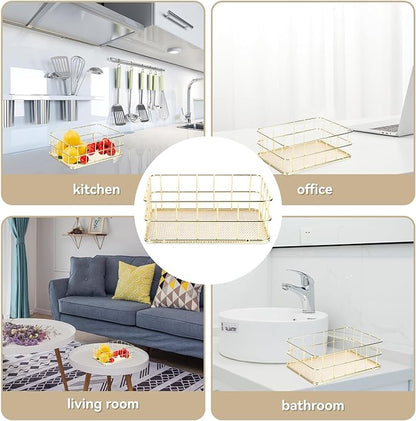 2Pcs Gold Basket Bathroom Organizer Storage Basket for Decor Desktop Exquisite Vanity Dresser Ornament Office Stationery Home(9.65 * 6.5 * 2.75inch)