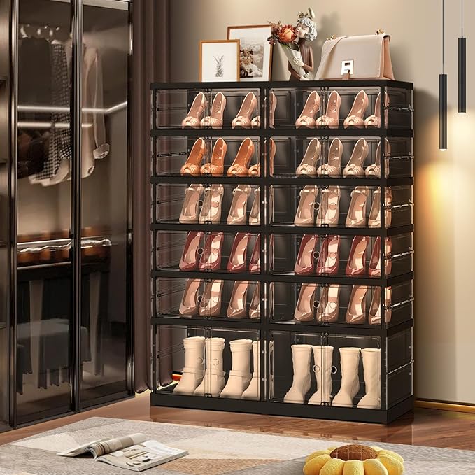 EHAMILY 6 Tiers 12-24 Pairs Foldable Shoe Rack for Closet Plastic Stackable Shoe Boxes for Garage Collapsible Shoes Shelf with Doors Storage Organizer Cabinet Quick Assembly,Black
