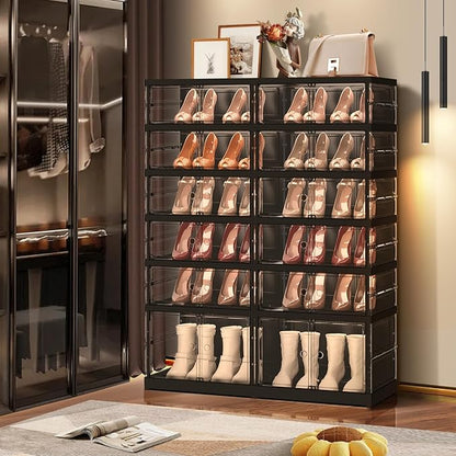EHAMILY 6 Tiers 12-24 Pairs Foldable Shoe Rack for Closet Plastic Stackable Shoe Boxes for Garage Collapsible Shoes Shelf with Doors Storage Organizer Cabinet Quick Assembly,Black
