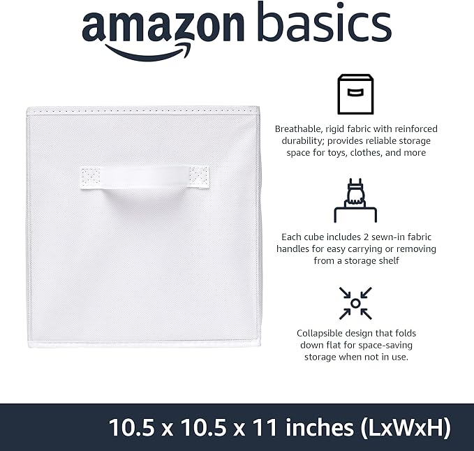 Amazon Basics Collapsible Fabric Storage Cubes Organizer with Handles, Sturdy Storage Bins, White, 10.5-x-10.5-x-11-inch, 6-Pack
