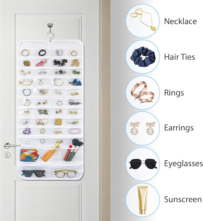 Bloss Hanging Jewelry Organizer With 90 Pockets,Earring Holder Organizer Storage For Valentine's Day Gift,Double-Sided Jewelry Holder for Earrings, Necklaces, Rings on Closet,Wall,Door(White)