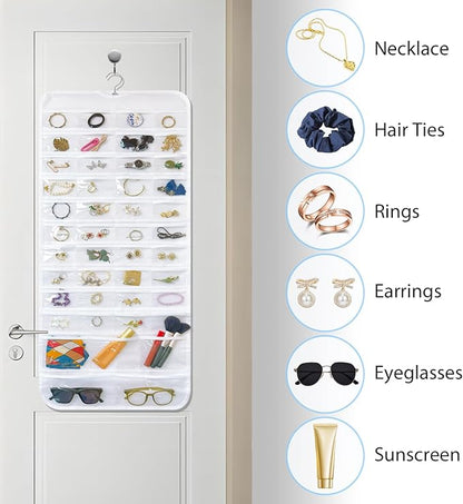 Bloss Hanging Jewelry Organizer With 90 Pockets,Earring Holder Organizer Storage For Valentine's Day Gift,Double-Sided Jewelry Holder for Earrings, Necklaces, Rings on Closet,Wall,Door(White)