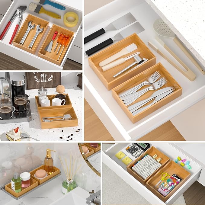 VeyFey Silverware Tray for Drawer, Stackable Kitchen Bamboo Drawer Organizer 9" x 6" x 2" Set of 2