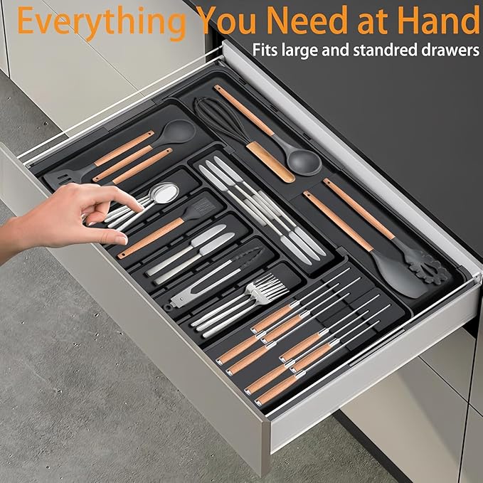 Silverware Organizer Expandable Utensil Drawer Organizer Adjustable Drawer Organizer, Flatware Cutlery Silverware Tray for Spoons Forks Knives Kitchen Organizers Storage (Black Plus)