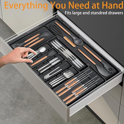 Silverware Organizer Expandable Utensil Drawer Organizer Adjustable Drawer Organizer, Flatware Cutlery Silverware Tray for Spoons Forks Knives Kitchen Organizers Storage (Black Plus)