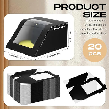Gilprop 20 Pcs Modern Hat Boxes with Window Baseball Hat Organizer Display Box for Hat, 8.7 x 7.7 x 4.8, Black Paper Fold Storage Container Packing Box for Baseball Caps Dad Hat Billed Cap