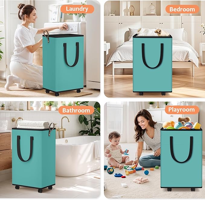 SpaceTrove Laundry Basket with Wheels, Collapsible Laundry Baskets, Laundry Hamper with Handles Detachable Wheels, Rolling Laundry Basket, Dirty Clothes Hamper for Bathroom, Dorm, Bedroom, Green, 100L