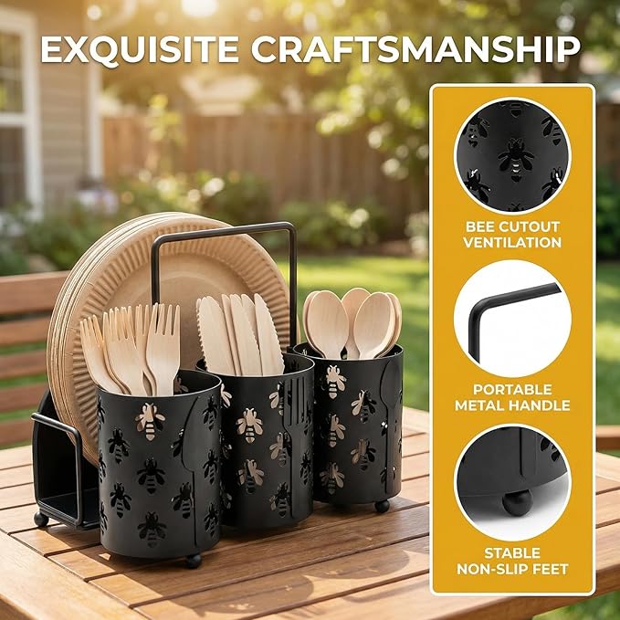 NelyBet Bee Utensil Caddy Silverware Holder Fork Spoon Napkin Paper Plate Organizer Metal Utensil Holder Cutlery Flatware Organizers for Party Kitchen Countertop Camping Picnic - Black
