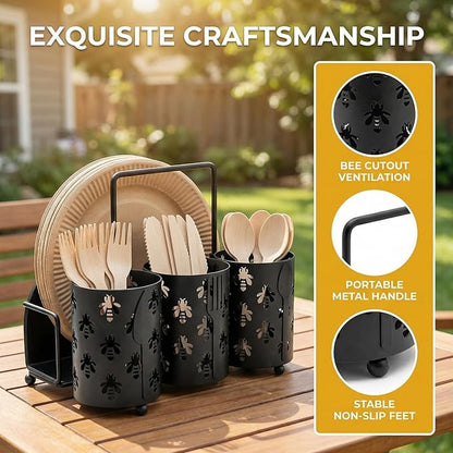 NelyBet Bee Utensil Caddy Silverware Holder Fork Spoon Napkin Paper Plate Organizer Metal Utensil Holder Cutlery Flatware Organizers for Party Kitchen Countertop Camping Picnic - Black