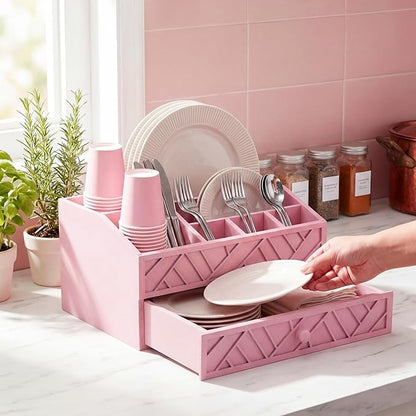 Marsui Paper Plate Dispenser, Wood Rustic Paper Plate Holder for Countertop with Drawer Silverware Utensil Caddy, Cutlery Flatware Organizer for Spoon Fork Napkins Kitchen Parties(Pink)