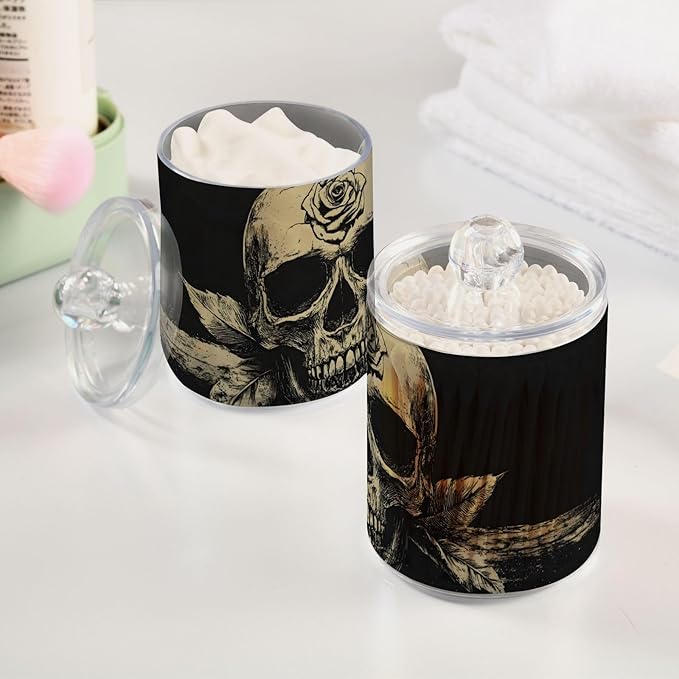 2 Pack Gothic Dark Skull Qtip Cotton Ball Holders Dispenser with Lid, Plastic Jars Bathroom Canisters Storage Organizer