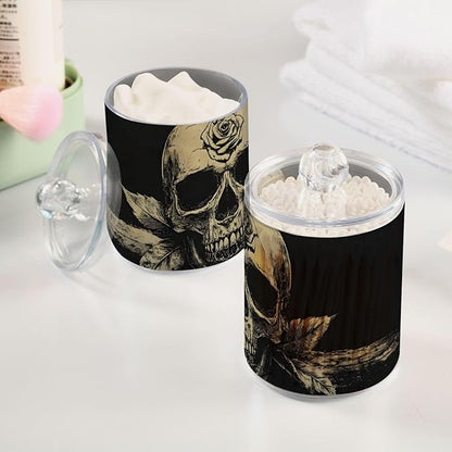 2 Pack Gothic Dark Skull Qtip Cotton Ball Holders Dispenser with Lid, Plastic Jars Bathroom Canisters Storage Organizer