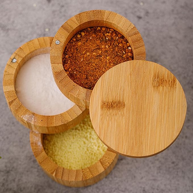 3-Tier Wooden Rotating Spice Storage Box with Swivel Lid, Triple-Layer Condiment Organizer for Kitchen Countertop Home Cooking, Salt Sugar Pepper Seasoning Jar, Easy to Clean Household Tool