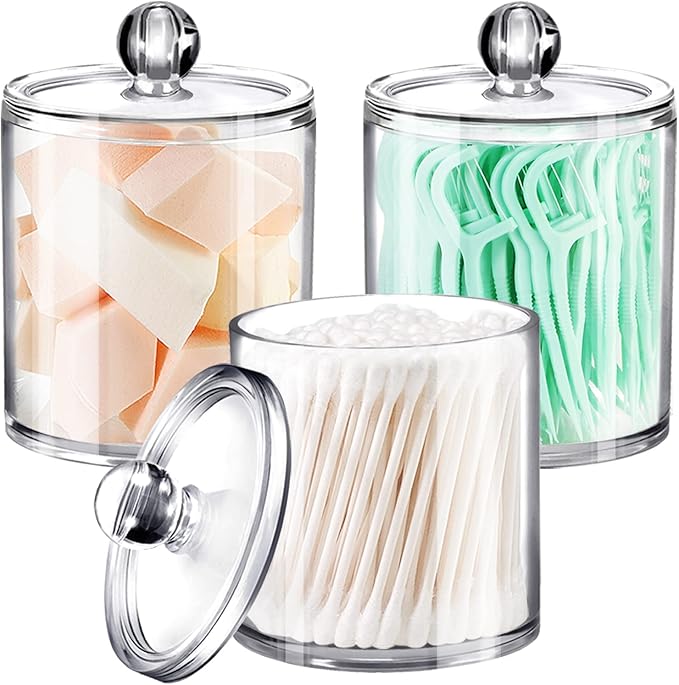 SheeChung 3-Pack Clear Acrylic Qtip Holder with Labels – Shatterproof Plastic Apothecary Jars for Bathroom Organization – Vanity Cotton Swab Holder Canisters for Cotton Balls,Pads,Floss Picks