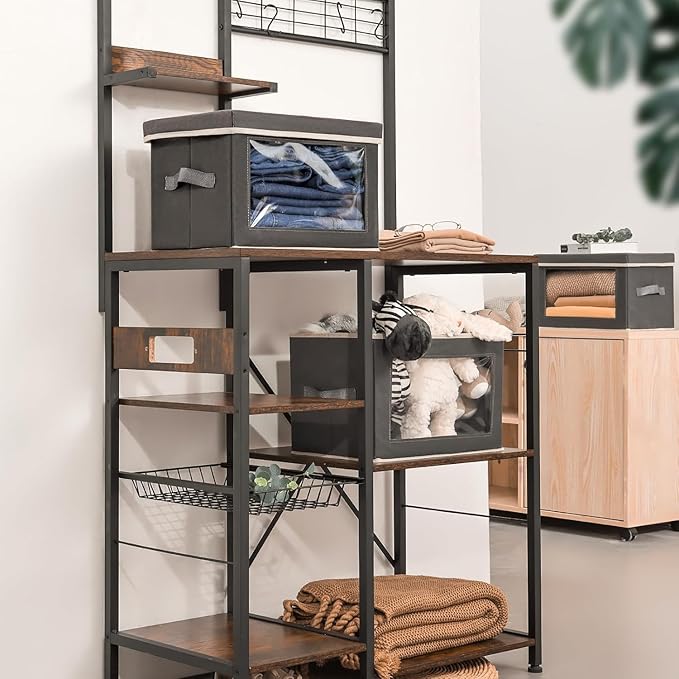 Homsorout Stackable Storage Bins with Lids - Medium Storage Box with Lids, Foldable Closet Boxes for Organizing, Wardrobe Clothes Organizer with Window, Cubes Bins for Living Room, 4 Pack, Dark Grey