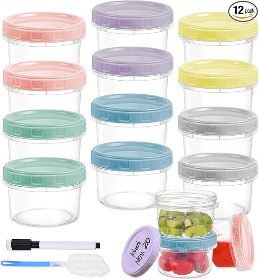 Yomarket 12pcs 8 oz Plastic Containers with Screw Lids, Reusable Clear Food Storage Containers with Pen and Brush for Snack Salad Fruit, Leakproof Small Freezer Containers, Microwave & Dishwasher Safe
