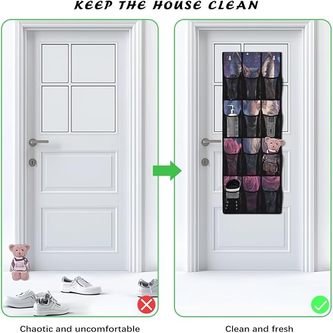 Wolf Door Hanging Shoe Organizer 12 Pockets Behind Door Organizer for Dorm Room Easy to Install Rose Wall Hanging Storage for Office