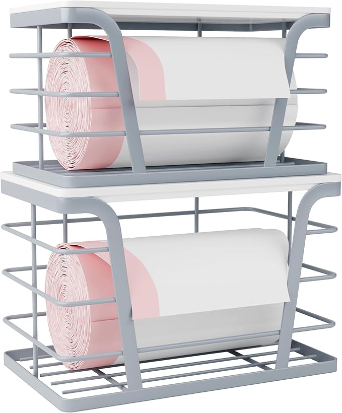 TIDIIABODE 2 Pack Gray Trash Bag Organizer for Kitchen and Pantry, Upgraded Stackable Metal Garbage Bag Holder with Bamboo Top, Modern Under Sink Storage Dispenser for Laundry Room, Garage