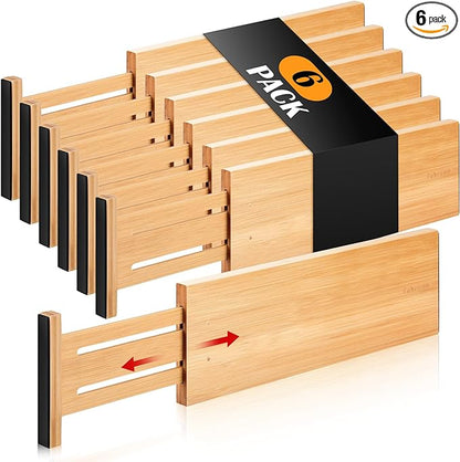Fabsome Dresser Drawer Organizers 6 Pack, 4.65'' High Adjustable from 12.5-17‘’ Bamboo Drawer Dividers for Clothing Baby Clothes, Wooden Separators for Dresser Nursery Organization with Soft Foam Ends