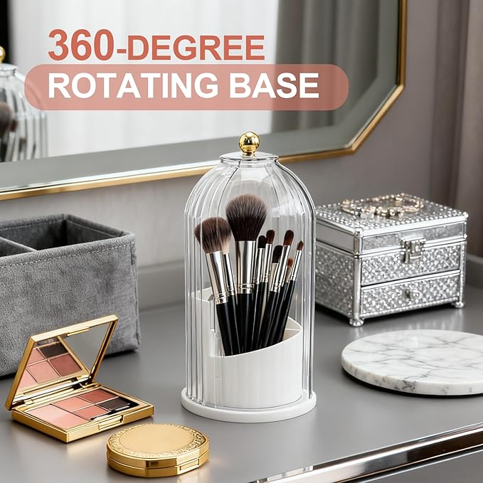 MDEOOSKY Makeup Brush Holder, 360-Degree Rotating Makeup Brush Organizer, Transparent Dust-Proof Makeup Brush Holder, Suitable for Bathroom Countertops and Vanity Tables