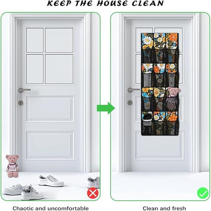 Hippie Flowers Space Saving Hanging Shoe Organizer,Entryway Bedroom Bathroom Storage Bags with 12 Mesh Large Pockets,Unique Print