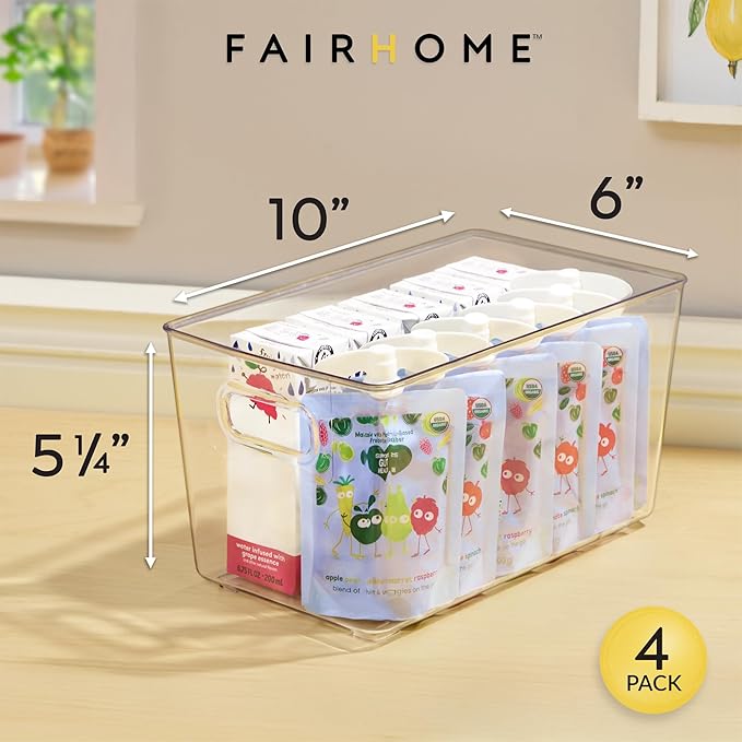 Set of 4 Clear Plastic Storage Bins With Handles, Containers To Organize Pantry, Fridge, Cabinet, Kitchen, Countertop, Closet, Cupboard, Home Organization and Storage