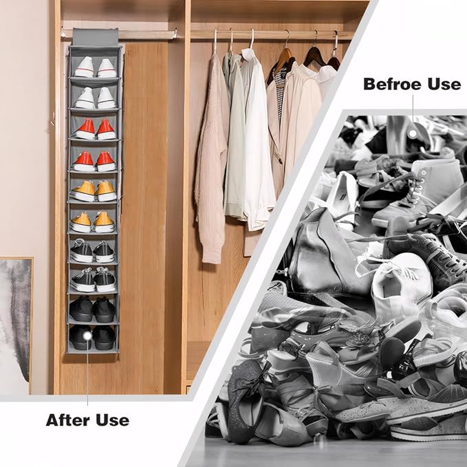 Hanging Shoe Organizer 10 Section Grey Nonwovens Hanging Shoe Rack Burly and Handy, Easy Fold Closet Shoe Organizer for Organizing Bedrooms, Closets, Laundry Room, Play Room