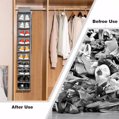 Hanging Shoe Organizer 10 Section Grey Nonwovens Hanging Shoe Rack Burly and Handy, Easy Fold Closet Shoe Organizer for Organizing Bedrooms, Closets, Laundry Room, Play Room