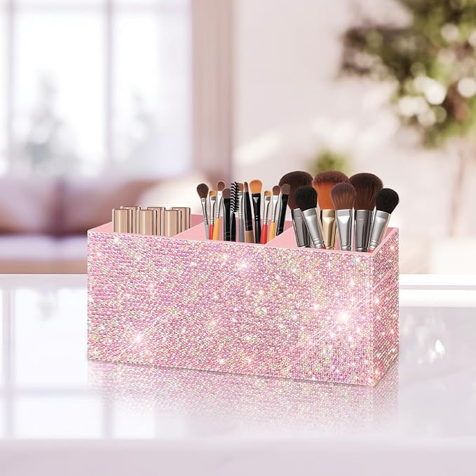 Bling Makeup Brush Holder Organizer, 3 Slot Sparkle Cosmetics Brushes Storage Holders with Shiny Rhinestones, Glitter Cute Pen and Pencil Holder for Desk, Eyeliners Display Case for Vanity（Pink）