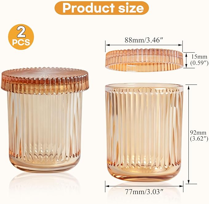 2 Pack Ribbed Glass Qtip Holder with Lid, Apothecary Storage Jars, Bathroom Vanity Countertop Organizer for Cotton Swabs, Cotton Balls, Pads, Floss Picks, Hair Ties, Makeup Accessories (Amber)