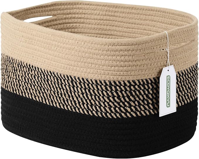 ECDYQXVU Cotton Rope Storage Basket, 15x10x9 Inches, Woven Basket for Shelves, Clothes, Towels, Books, and Laundry, Gradient Black/Brown (1 Pack)