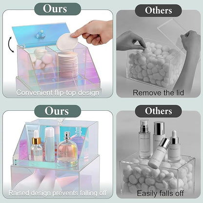 Disposable Facial Towels Storage Compatible with Clean Skin Club Clean Towel XL Double Layer Acrylic Box Cotton Pads Container Qtip Bin Face Towelettes Holder for Bathroom Counter, Glossy Rainbow