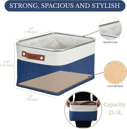 DECOMOMO Storage Bins, Large Fabric Storage Baskets for Shelves, Decorative Linen Closet Organizer, 15 x 11 x 9.5 inches (Navy Blue & White, 3 Pack)