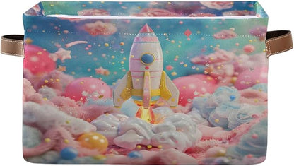 Large Storage Basket Rocket Pink Storage Bin Cube Canvas Fabric Organizer Handles Collapsible for Clothes Toys Bedroom Decorative