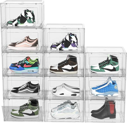 12 Packs Large Acrylic Clear Shoe Boxes with Magnetic Door, Strong Stackable Shoe Organizers, Sneaker Containers, Boot Display Case Up to US Size 15