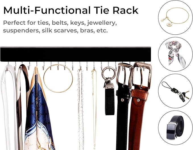 StorageWorks Tie Rack with 20 Hooks, 2-Pack Wall-Mounted Wooden Hangers for Neckties, Belts, Hats, Black