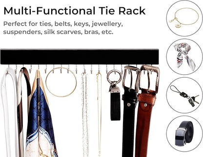 StorageWorks Tie Rack with 20 Hooks, 2-Pack Wall-Mounted Wooden Hangers for Neckties, Belts, Hats, Black
